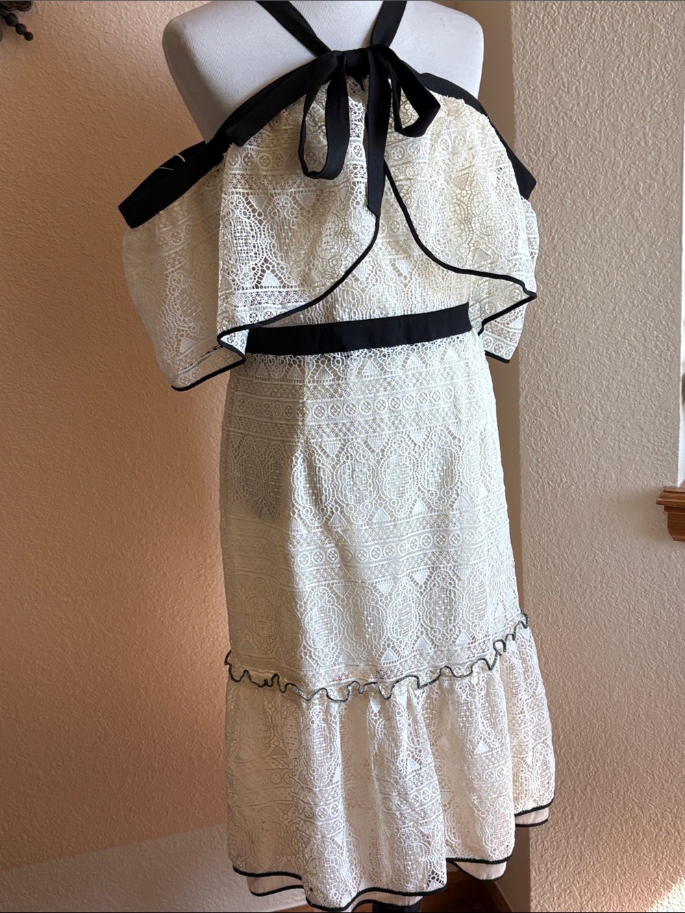 Adelyn Rae Marissa Cream Lace Halter Midi Dress with Black Trim Sz L